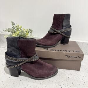 Tamaris Tora B Chain Side Zip Leather Ankle Boot Size 8 Grunge Purple Black